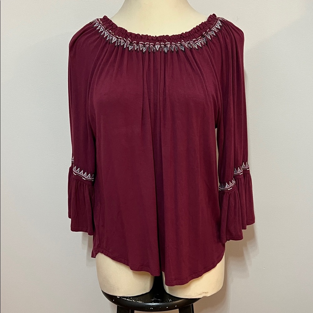 Hannah Burgundy XL Boho Blouse with Embroidered Detail Bell Sleeve Curved Hem